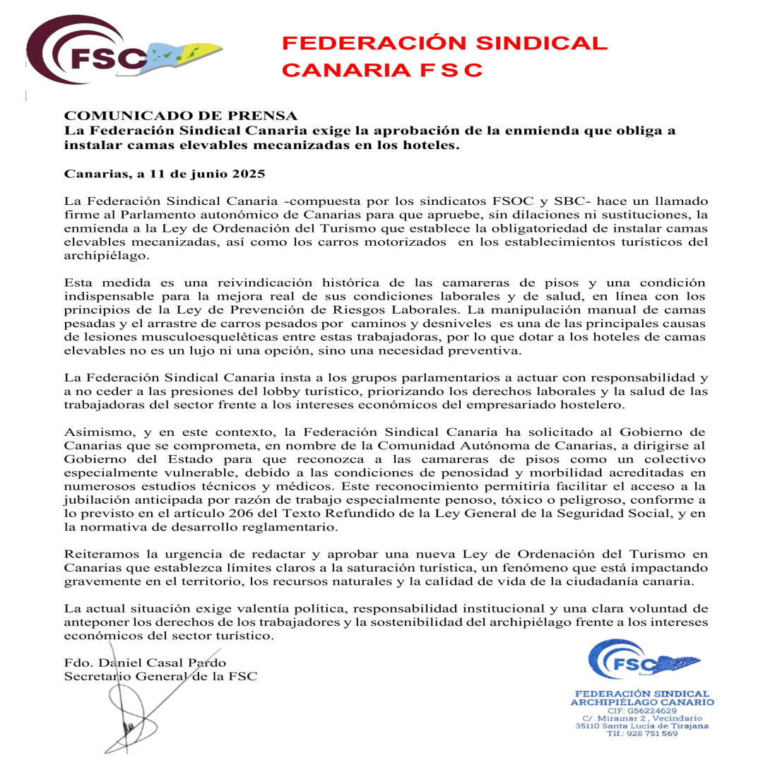 La Federación Sindical Canaria exige la aprobación de la enmienda que obliga a instalar camas elevables mecanizadas en los hoteles.